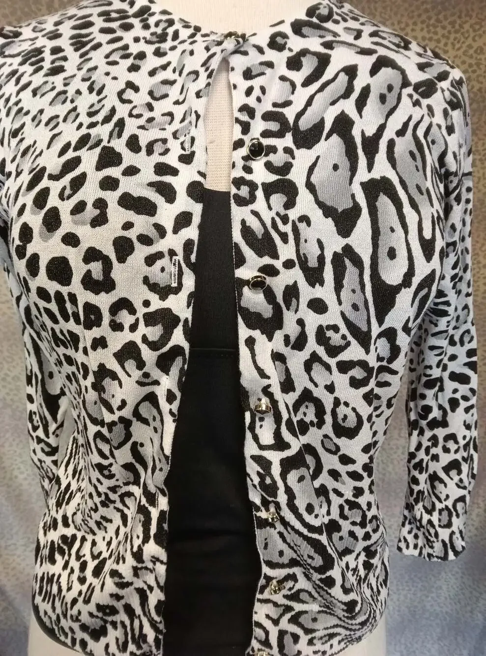 Cache Leopard Print 3/4 Sleeve Button-Up Cardigan Sweater - Picture 2 of 4